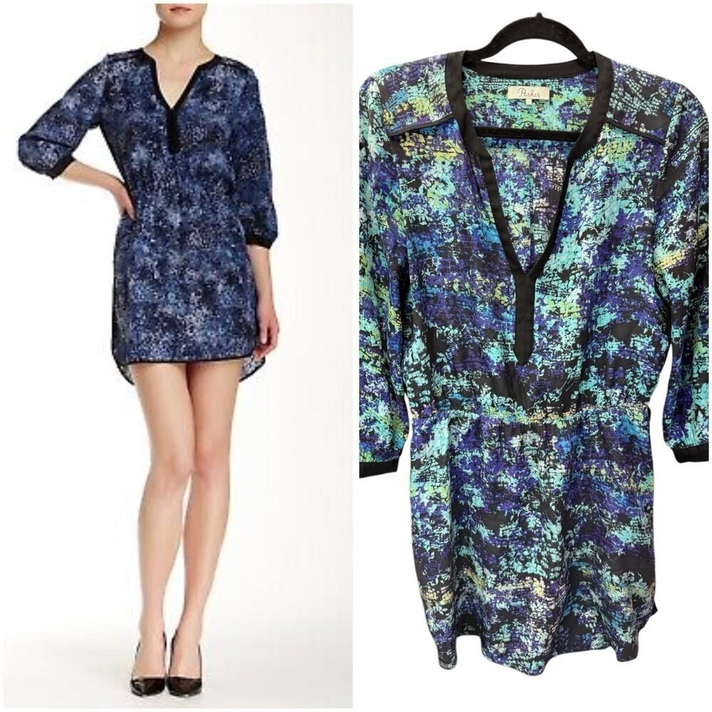 Parker Silk Mini Dress Blue Purple Print V-Neck 3/4 Sleeve Size S Boho Chic
